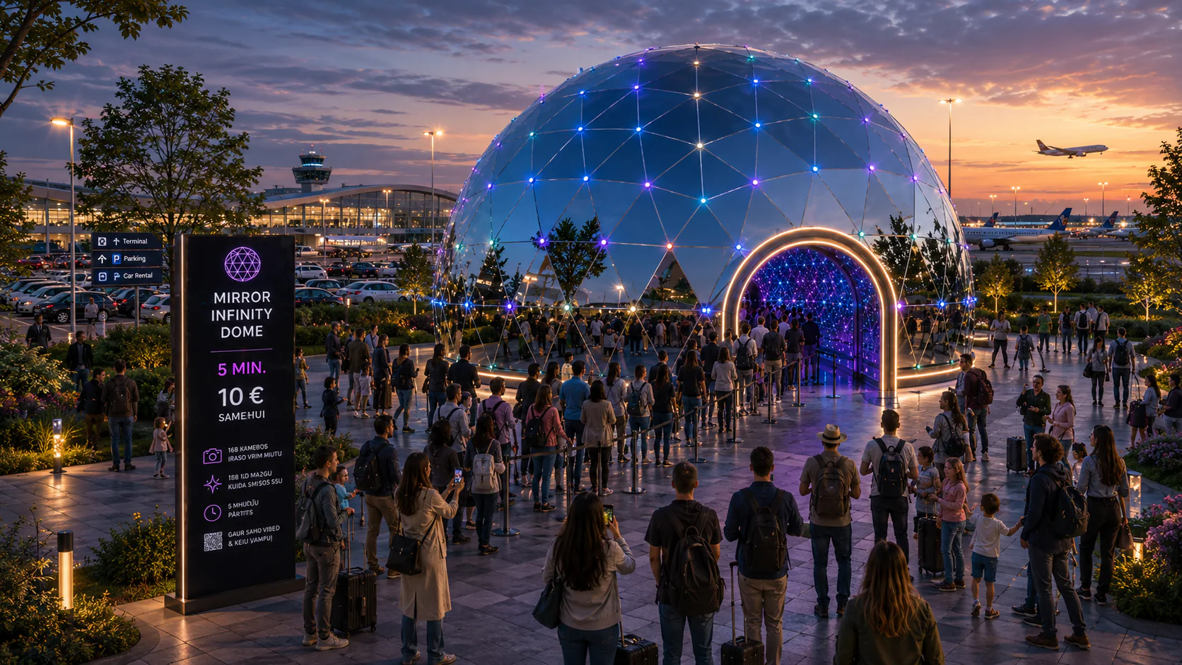 Mirror Infinity Dome™ 12M oro uosto aplinkoje — visų sezonų geodezinis kupolas