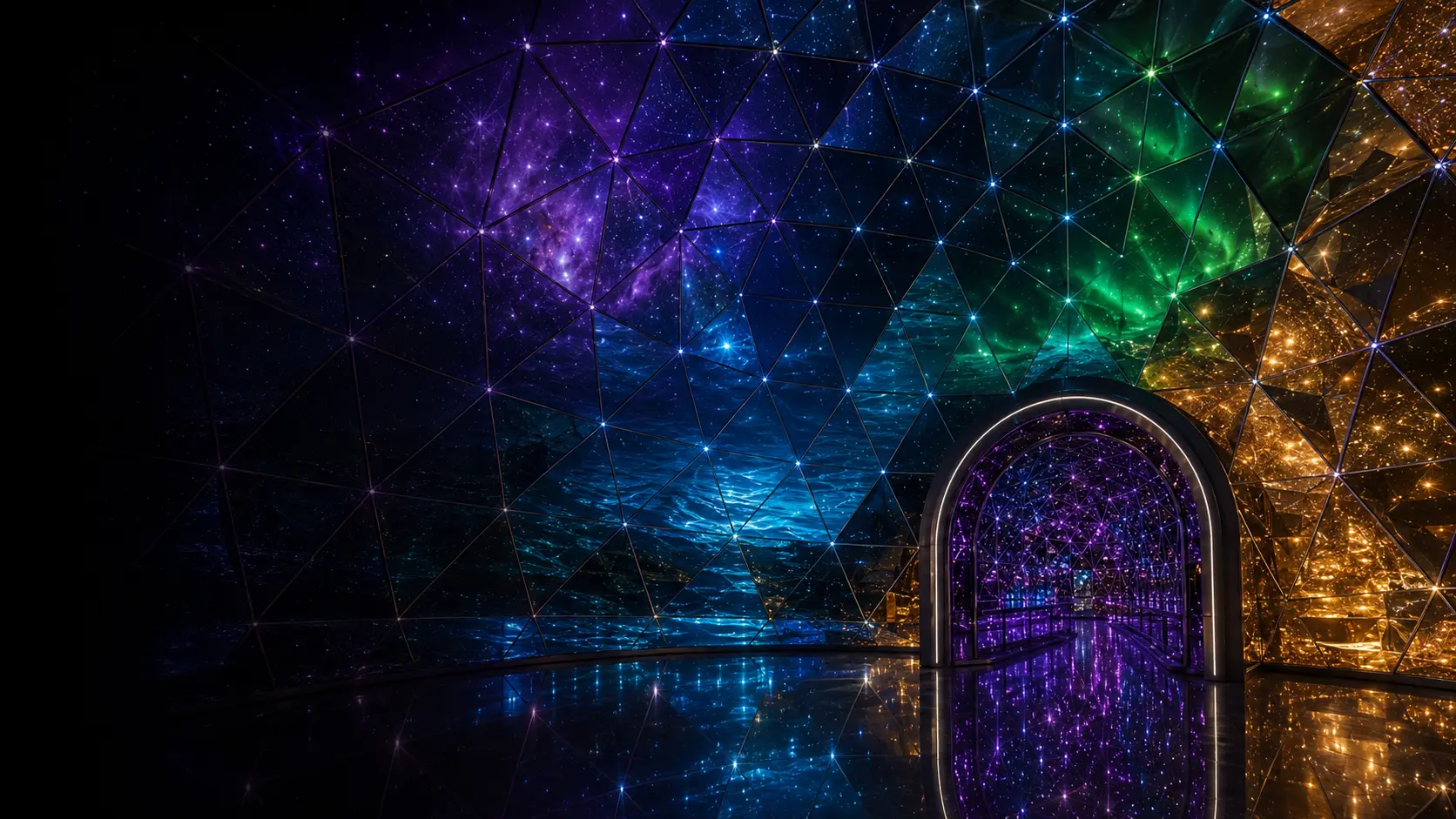 Mirror Infinity Dome™ vidus skirtingomis šviesos atmosferomis