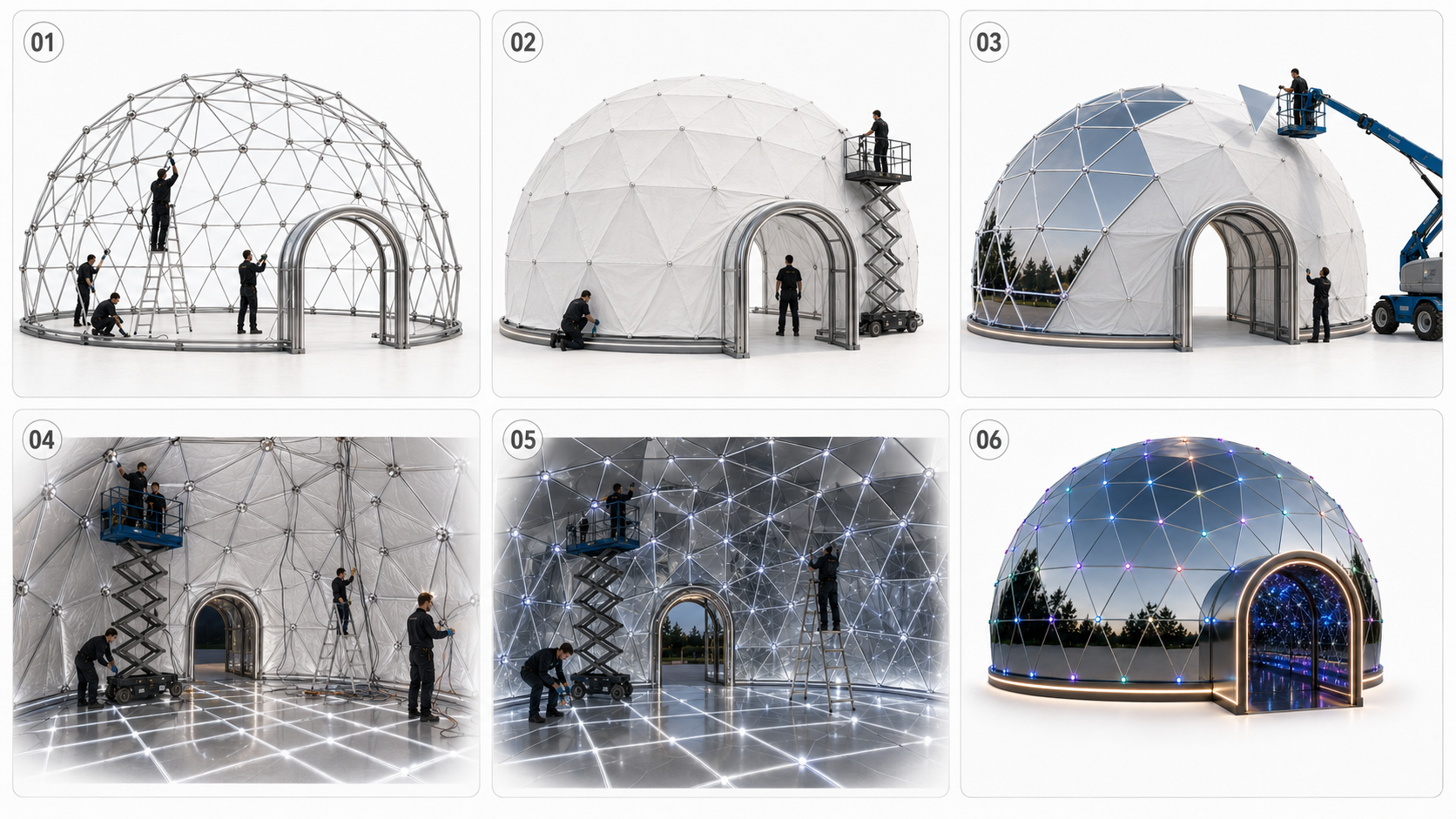 Mirror Infinity Dome™ montavimo etapai: rėmo surinkimas, hidroizoliacija, ventiliuojamas fasadas, vidiniai veidrodiniai blokai, šviesos juostos ir kristalai
