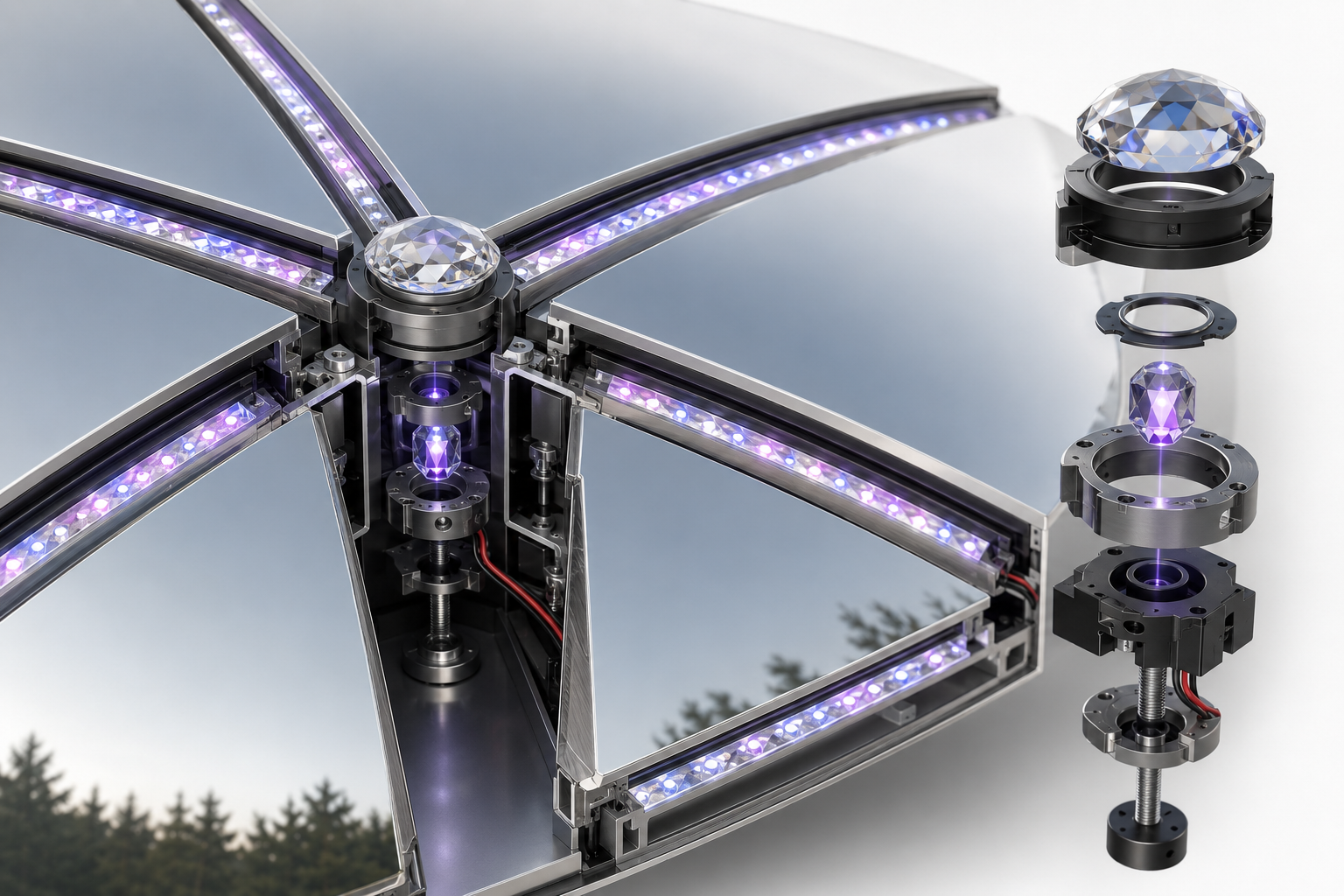 INFINITY Optical Node™ — kristalinis šviesos retransliatorius Mirror Infinity Dome™ konstrukcijoje