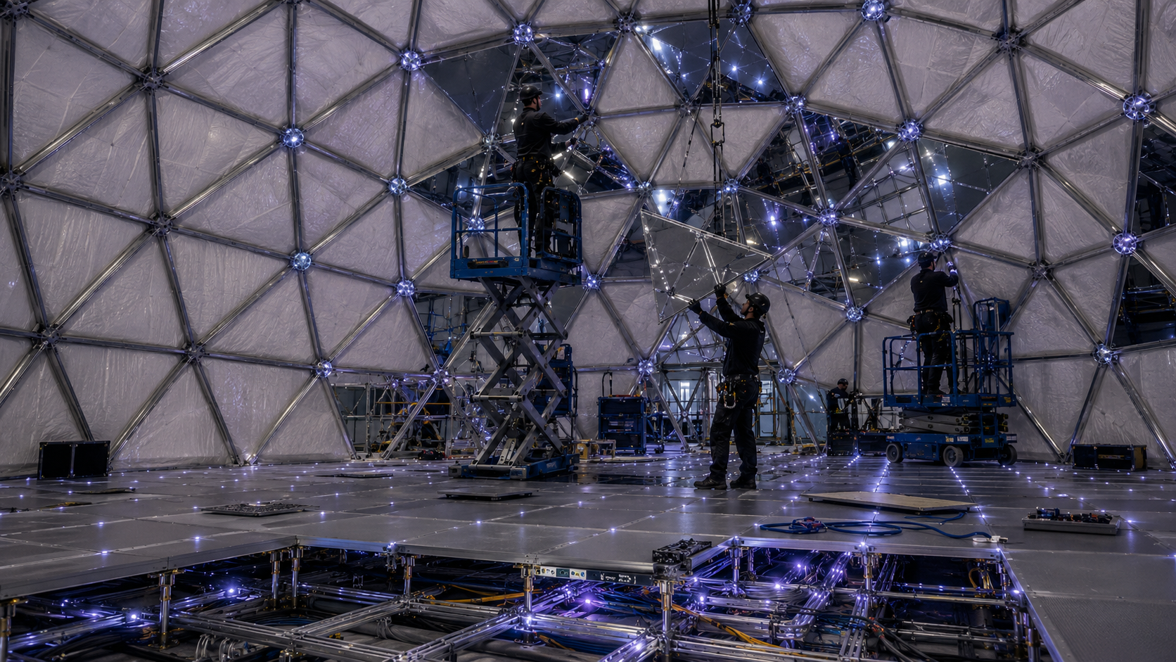 Mirror Infinity Dome™ 12M montavimas vietoje — geodezinė konstrukcija